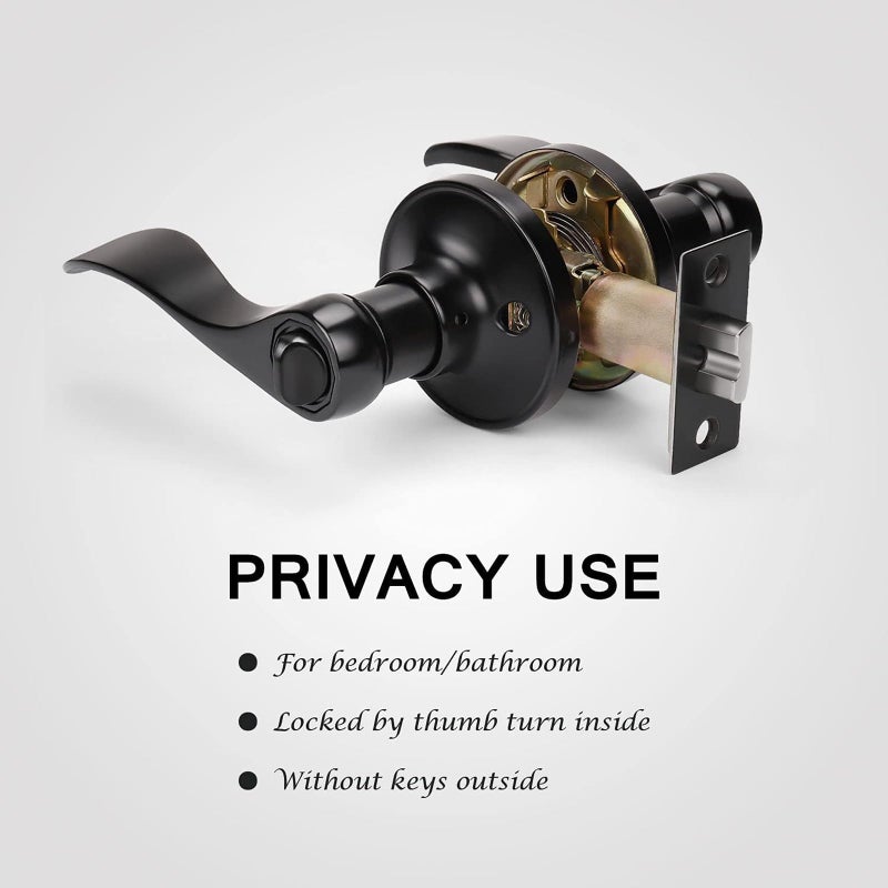KNOBWELL 5 Pack Keyless Privacy Door Lever Door Handle Bedroomm/Bathroom Door Lock Lockset Matte Black Finish Door Lever, Interior Door Use - Image 3